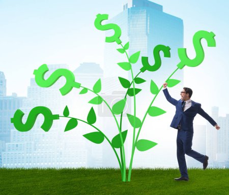 Téléchargez les photos : Le concept de l'arbre de l'argent avec l'homme d'affaires dans les profits croissants - en image libre de droit