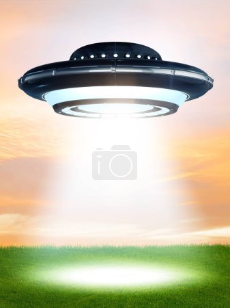 Photo for The illustration of flying saucer emitting light - 3d rendering - Royalty Free Image