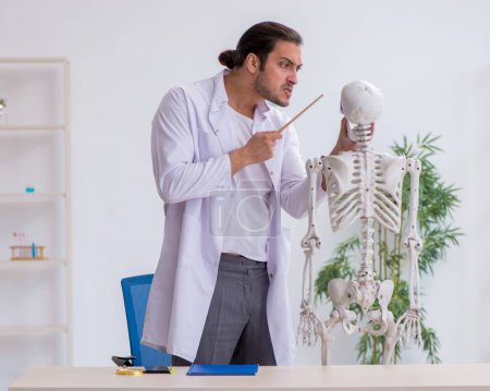 Téléchargez les photos : Jeune médecin démontrant le squelette humain - en image libre de droit