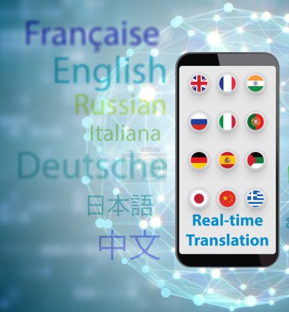 Foto de Concepto de traducción en tiempo real con aplicación de teléfono inteligente - 3d renderizado - Imagen libre de derechos