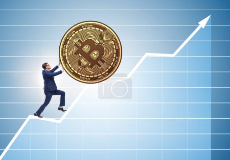 Photo for The businessman pushing bitcoin in cryptocurrency blockchain concept - Royalty Free Image