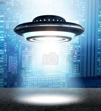 Foto de La ilustración de platillo volador emitiendo luz - 3d renderizado - Imagen libre de derechos