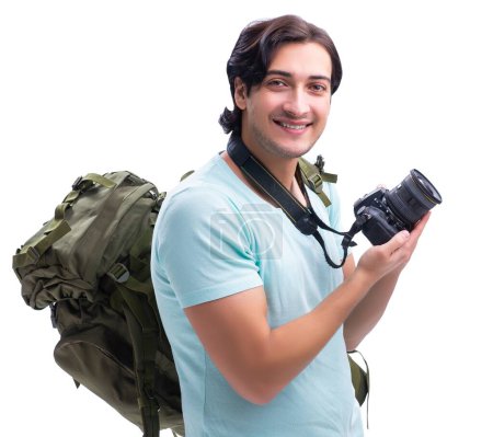 Téléchargez les photos : Le jeune beau touriste isolé sur blanc - en image libre de droit