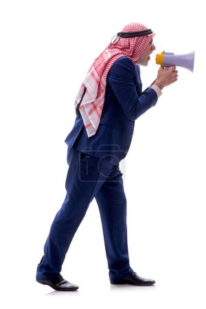 Foto de Hombre de negocios árabe envejecido sosteniendo megáfono aislado en blanco - Imagen libre de derechos
