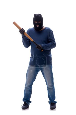 Photo for Burglar holding baseball bat isolated on white - Royalty Free Image