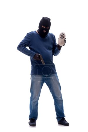 Foto de Joven ladrón robando dinero aislado en blanco - Imagen libre de derechos