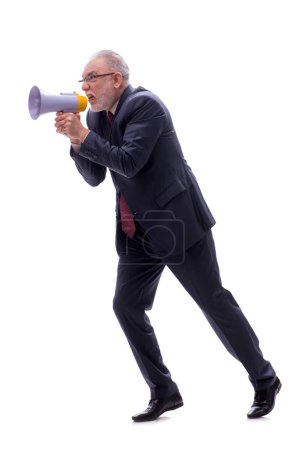 Foto de Viejo jefe masculino sosteniendo megáfono aislado en blanco - Imagen libre de derechos