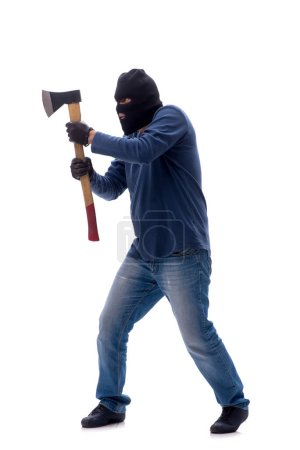 Photo for Young burglar holding hatchet isolated on white - Royalty Free Image