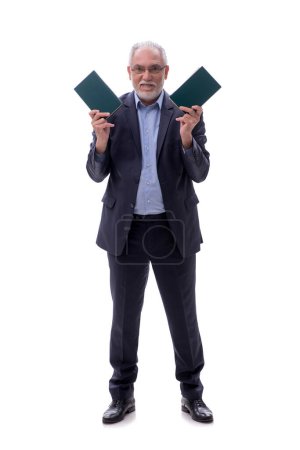 Photo for Old male boss holding books isolated on white - Royalty Free Image