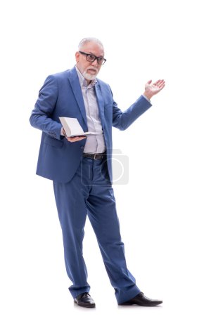 Photo for Old boss holding book isolated on white - Royalty Free Image