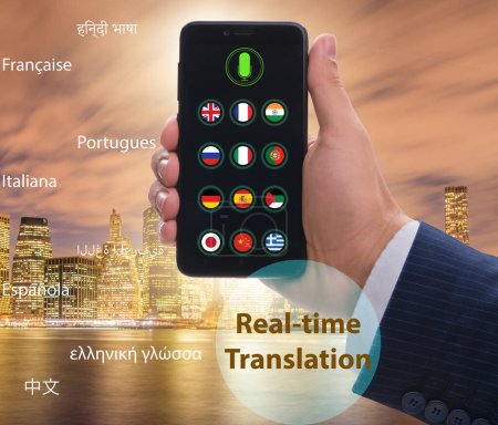 Photo for The concept of real time translation with smartphone app - Royalty Free Image