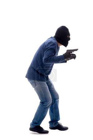 Photo for Young burglar holding handgun isolated on white - Royalty Free Image