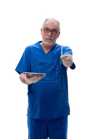 Photo for Old doctor holding syringe isolated on white - Royalty Free Image