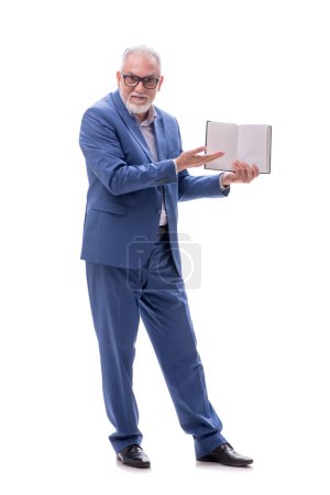 Photo for Old boss holding book isolated on white - Royalty Free Image