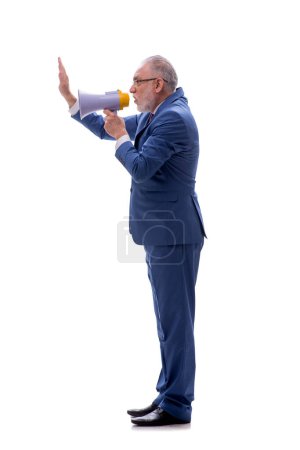 Foto de Viejo jefe sosteniendo megáfono aislado en blanco - Imagen libre de derechos