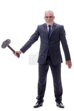 Photo for Old boss holding big hammer isolated on white - Royalty Free Image