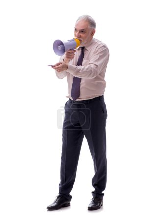 Photo for Businessman holding megaphone isolated on white - Royalty Free Image