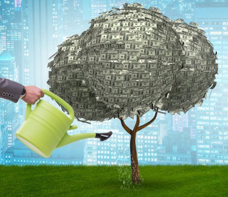 Foto de El hombre de negocios regando árbol de dinero en concepto de inversión - Imagen libre de derechos
