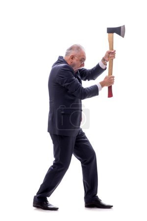 Photo for Old boss holding hatchet isolated on white - Royalty Free Image
