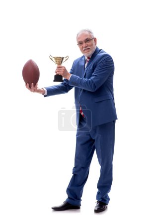 Photo for Old male boss playing american football isolated on white - Royalty Free Image