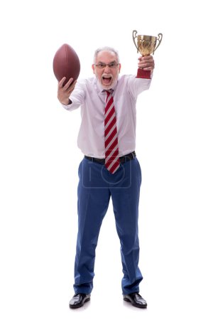 Photo for Old male boss playing american football isolated on white - Royalty Free Image