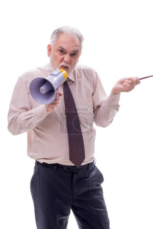 Téléchargez les photos : Homme d'affaires tenant mégaphone isolé sur blanc - en image libre de droit