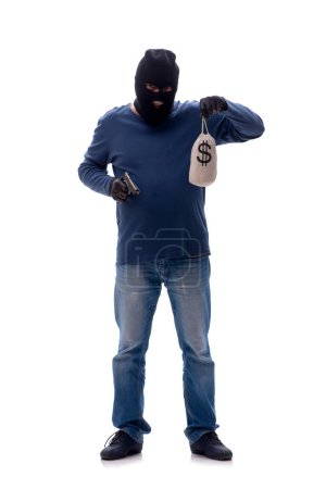 Foto de Joven ladrón robando dinero aislado en blanco - Imagen libre de derechos