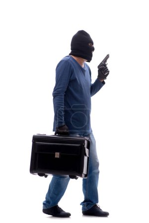 Téléchargez les photos : Jeune sac de retenue cambrioleur isolé sur blanc - en image libre de droit