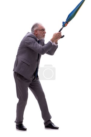 Foto de Viejo jefe masculino sosteniendo un umrella aislado en blanco - Imagen libre de derechos