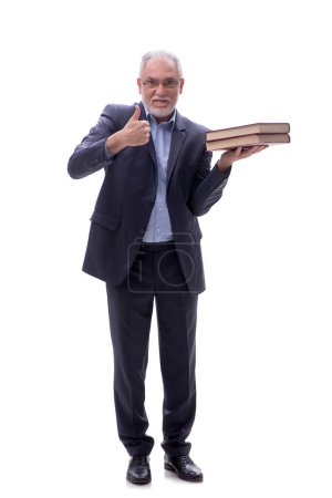 Foto de Viejo jefe sosteniendo libros aislados en blanco - Imagen libre de derechos