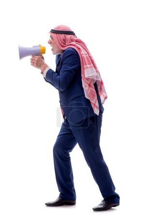 Photo for Aged arab businessman holding megaphone isolated on white - Royalty Free Image