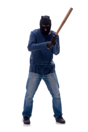 Photo for Burglar holding baseball bat isolated on white - Royalty Free Image
