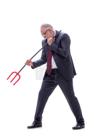 Photo for Devil businessman holding trident isolated on white - Royalty Free Image