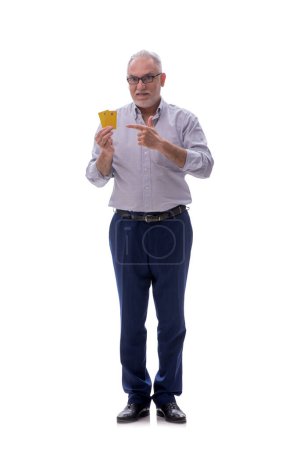 Photo for Old boss holding credit card isolated on white - Royalty Free Image