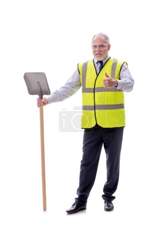 Photo for Aged foreman holding shovel isolated on white - Royalty Free Image