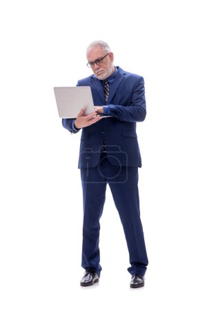 Photo for Aged businessman holding laptop isolated on white - Royalty Free Image