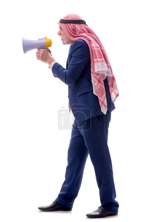Photo for Aged arab businessman holding megaphone isolated on white - Royalty Free Image