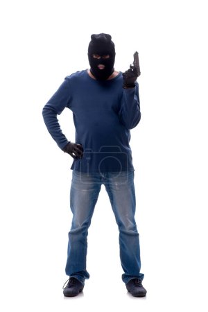 Photo for Young burglar holding handgun isolated on white - Royalty Free Image