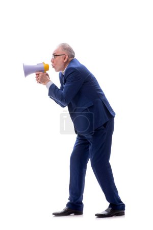 Photo for Old male boss holding megaphone isolated on white - Royalty Free Image