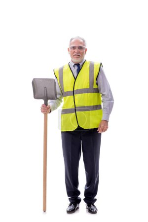 Photo for Aged foreman holding shovel isolated on white - Royalty Free Image