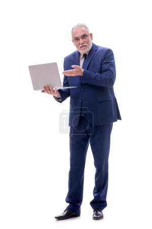 Photo for Old boss with computer isolated on white - Royalty Free Image