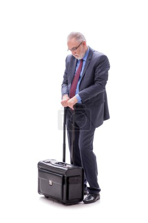 Photo for Aged businessman with suitcase isolated on white - Royalty Free Image