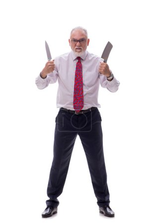 Photo for Old boss holding knife isolated on white - Royalty Free Image