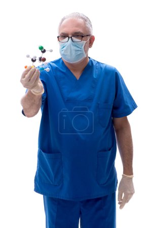 Photo for Old doctor holding molecular model isolated on white - Royalty Free Image