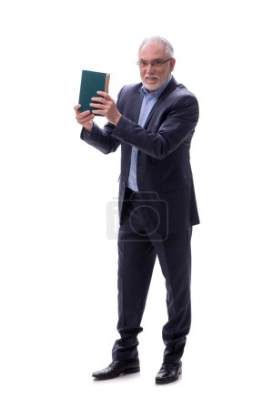 Foto de Viejo jefe sosteniendo libros aislados en blanco - Imagen libre de derechos