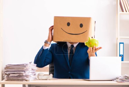 Photo for The happy man employee with box instead of his head - Royalty Free Image