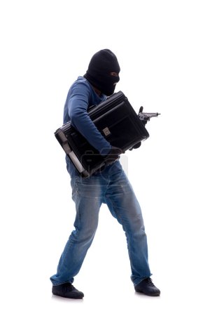 Téléchargez les photos : Jeune sac de retenue cambrioleur isolé sur blanc - en image libre de droit
