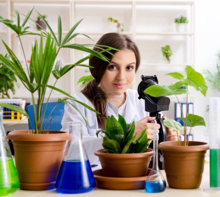 Foto de La joven química biotecnológica hermosa que trabaja en el laboratorio - Imagen libre de derechos