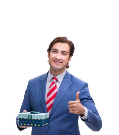 Foto de El hombre de negocios elegante con caja de regalo aislado en blanco - Imagen libre de derechos