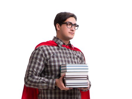 Téléchargez les photos : L'étudiant super héros avec des livres isolés sur blanc - en image libre de droit